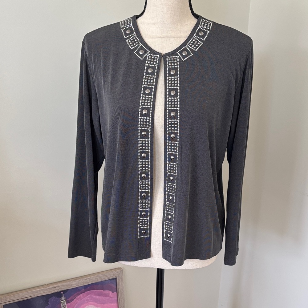 Elegant Gray Cardigan with Embellished Trim